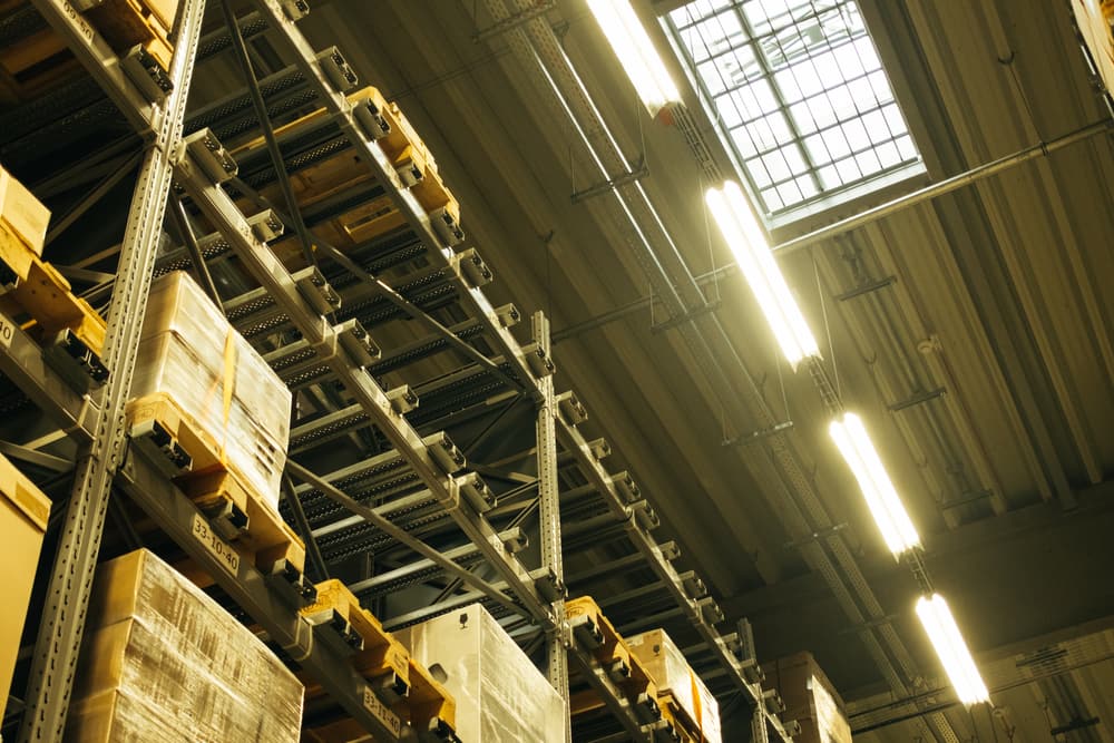 Racked warehouse storage, boxes stacked on pallets